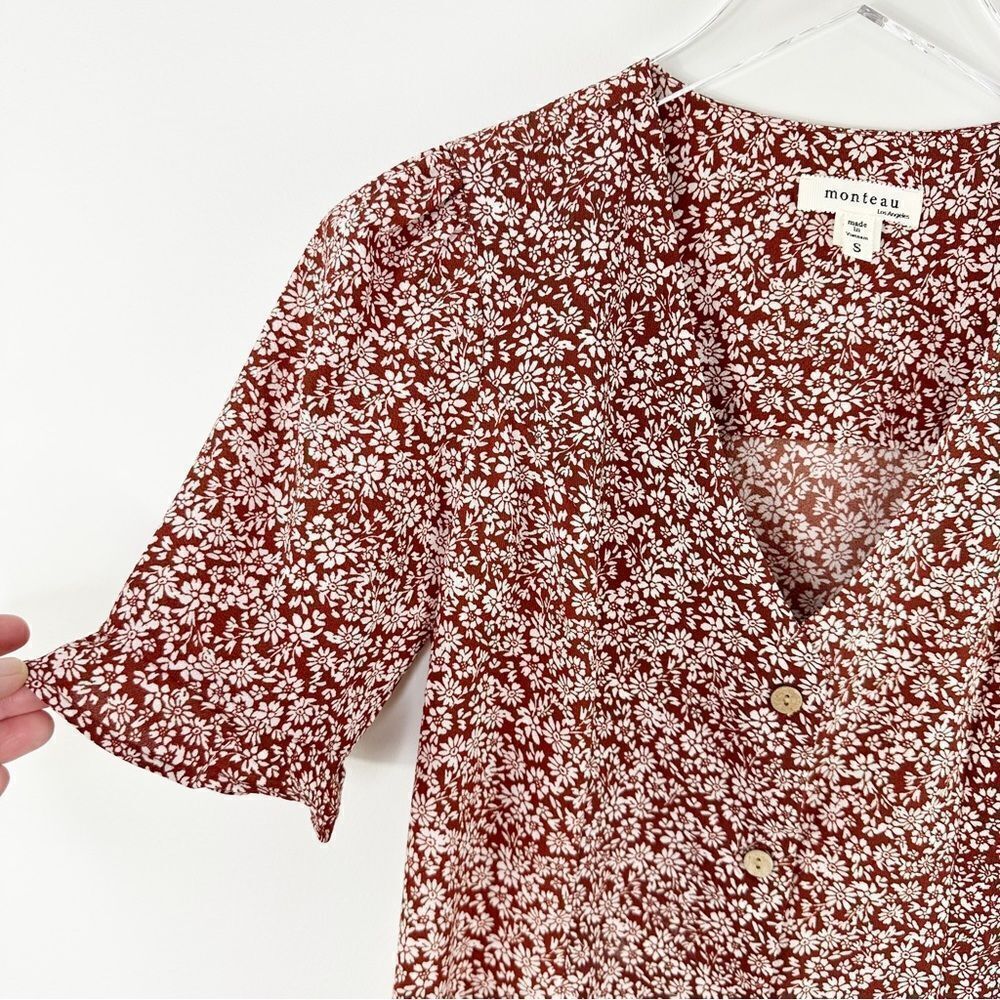 Montreal Rust Colored Patterned Button Up Ruffle‎ Short Sleeve Peasant Dress - Picture 7 of 14